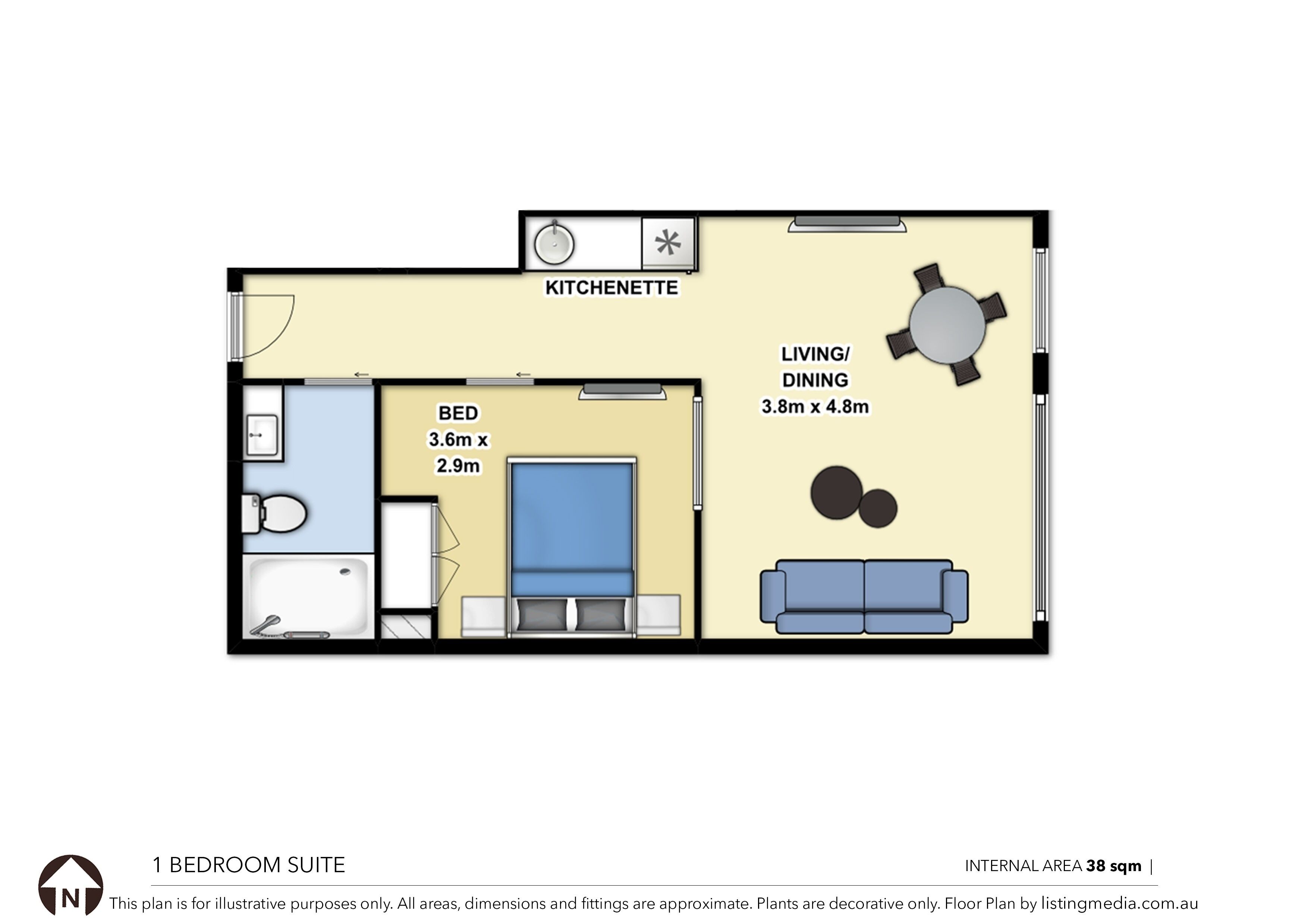 Planta d'un suite d'una habitació amb cuina, zona de dinar i dormitori independent.