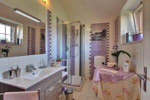 Shower, free toiletries, hair dryer
