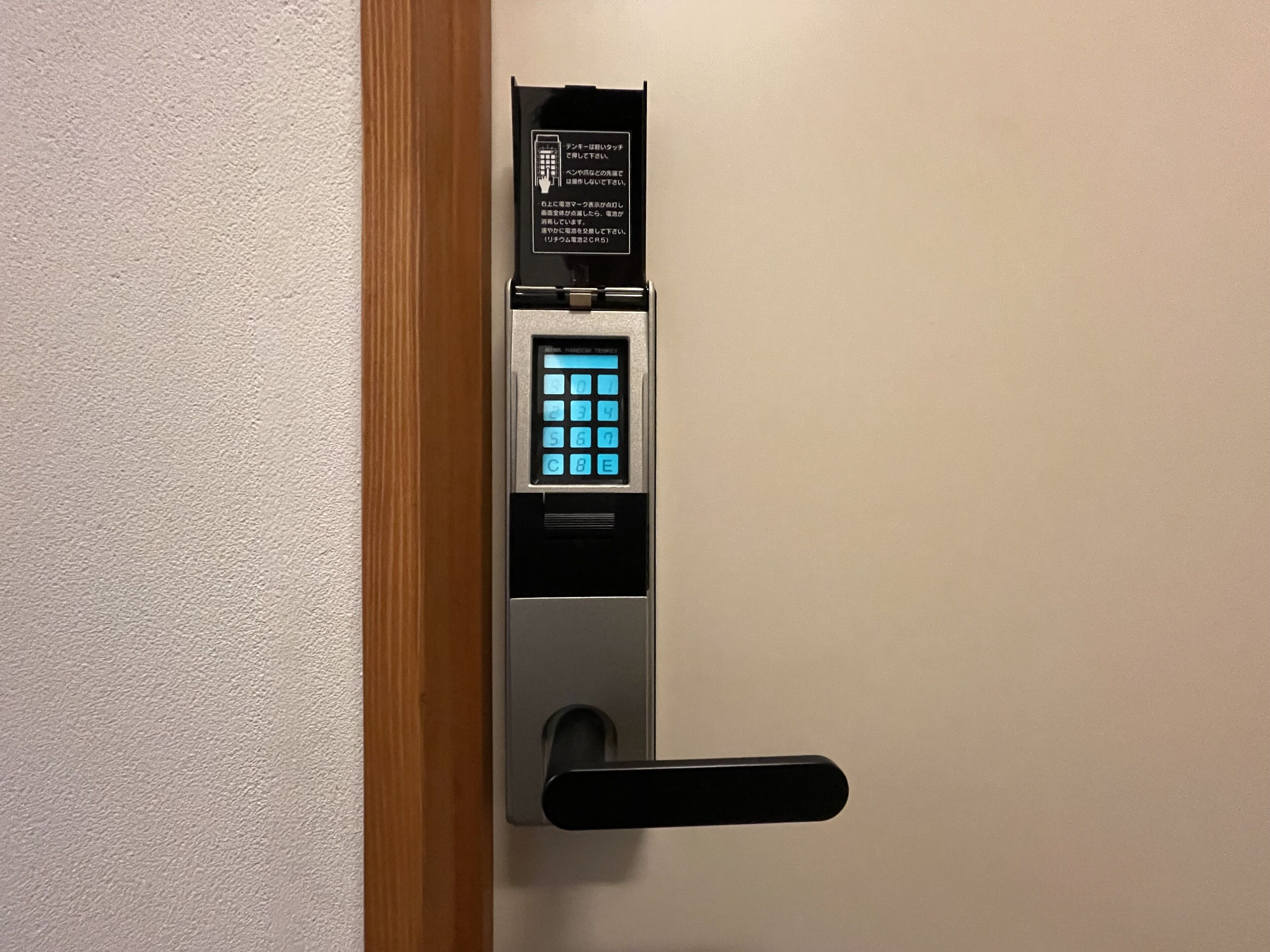A modern door lock with a keypad and a keyhole.