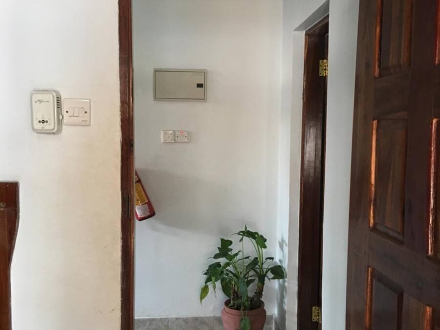 Corredor que dá para quartos, com um vaso de planta, um interruptor de luz e uma porta com tranca.