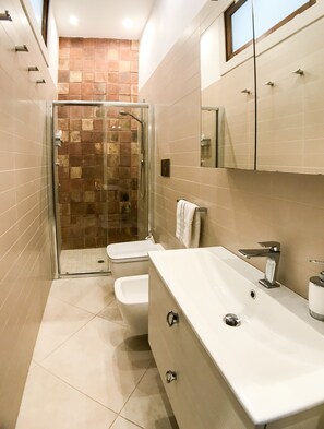 Une salle de bain moderne avec une douche à parois de verre, un lavabo blanc et un grand miroir au-dessus du meuble à miroir.