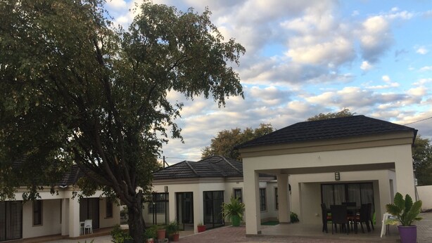 A pool area with a curved edge, surrounded by a brick patio. There are potted plants and a tree providing shade. - Lediba Guest lodge (Maun)