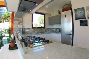 Uma cozinha moderna com fogão a gás, eletrodomésticos de aço inoxidável e vista para o exterior.