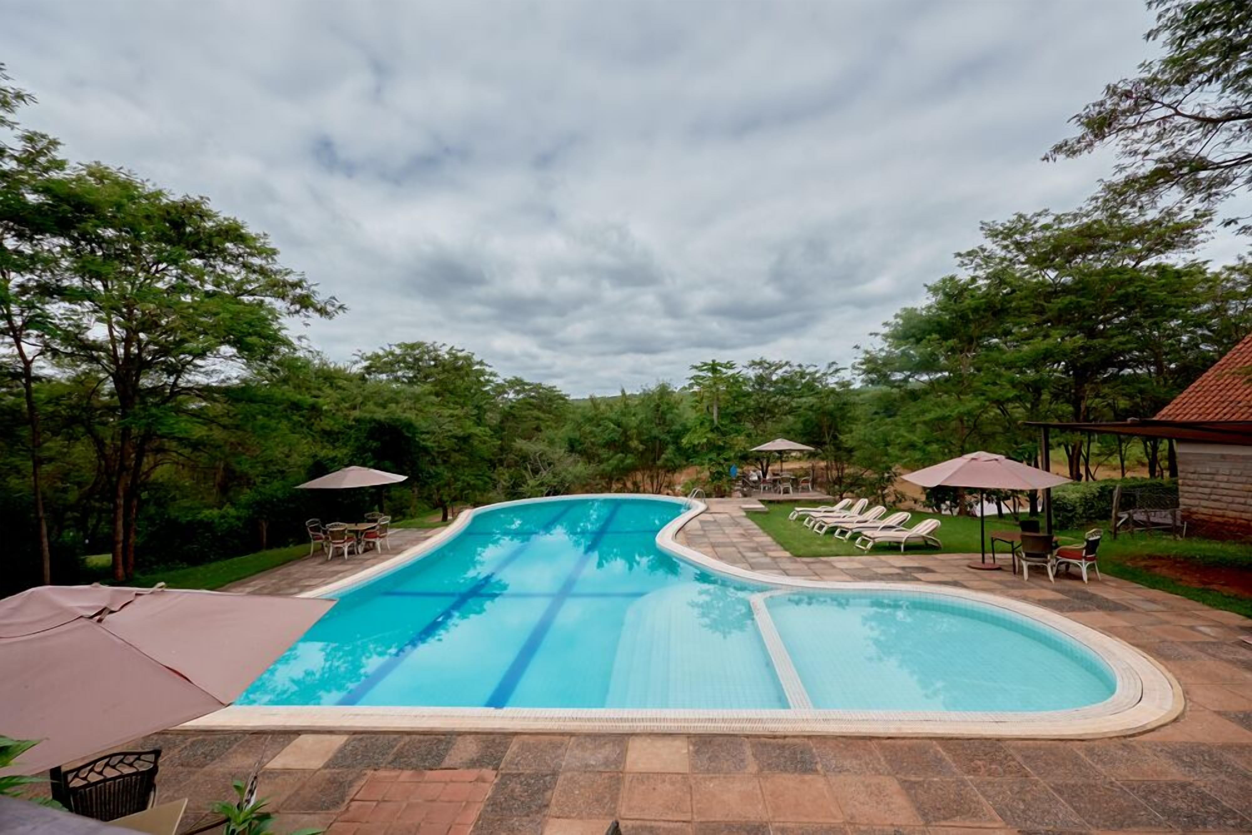 Piscina con sillas de descanso y sombrillas, rodeada de árboles y un área de patio.