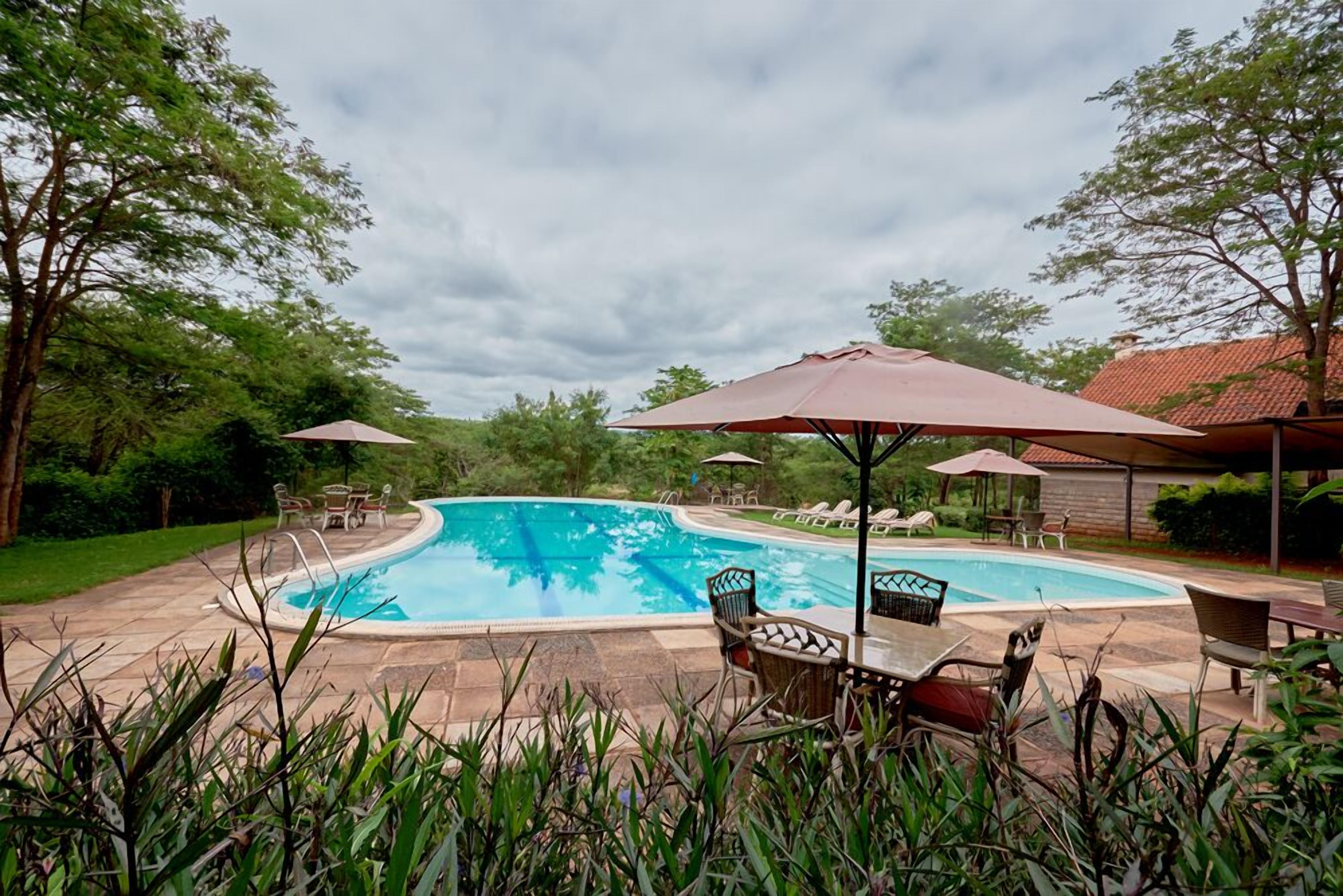 Una piscina con sillones de descanso y sombrillas, rodeada de vegetación y una zona de patio.