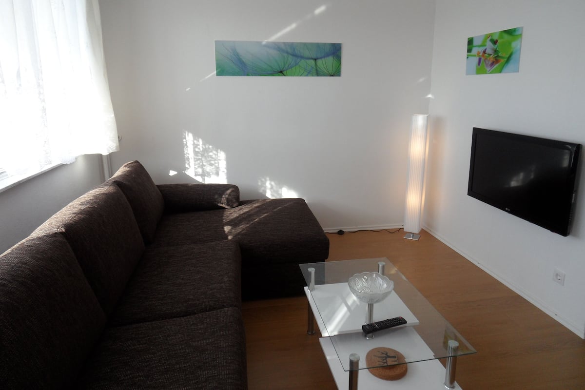 Een woonkamer met een bank, een glazen salontafel, een televisie en kunst aan de muur.