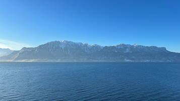 Una cordillera con picos nevados y un mar tranquilo al frente.
