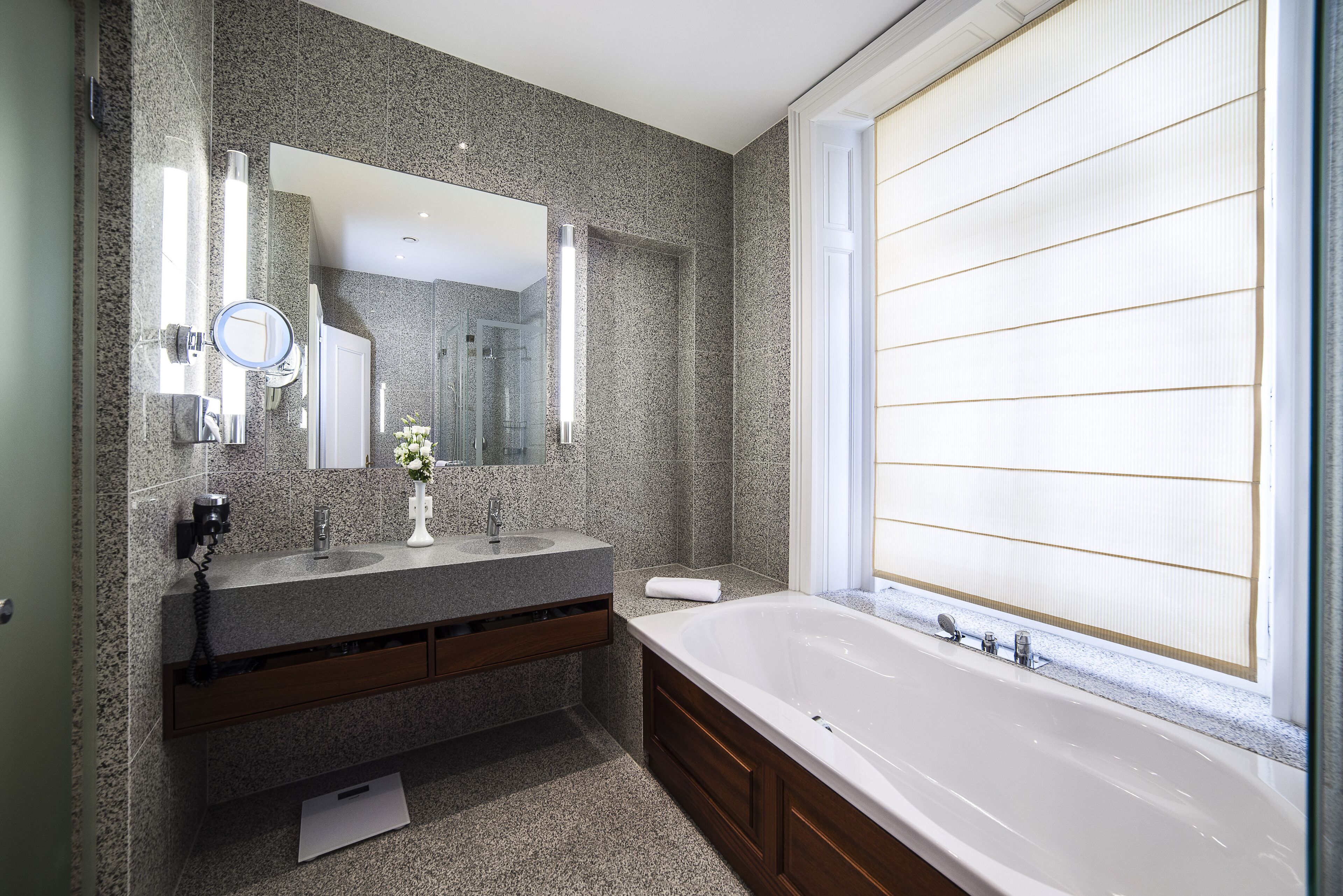 separate bathtub and shower, free toiletries, hair dryer, bathrobes