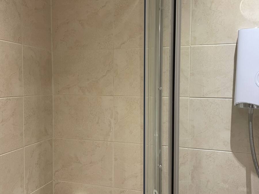 A shower enclosure with a glass door, a toilet with a roll of toilet paper, and a handheld showerhead.