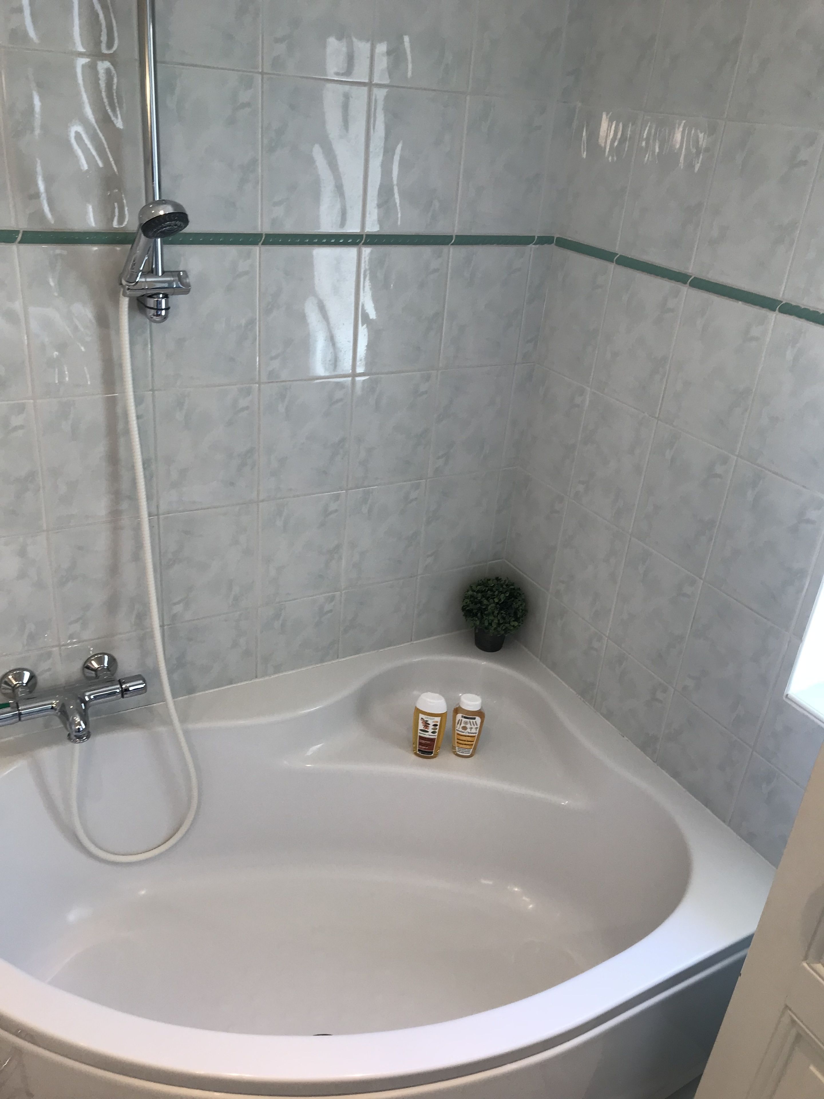Une salle de bain avec une baignoire, une pomme de douche et deux bouteilles posées sur le bord de la baignoire.