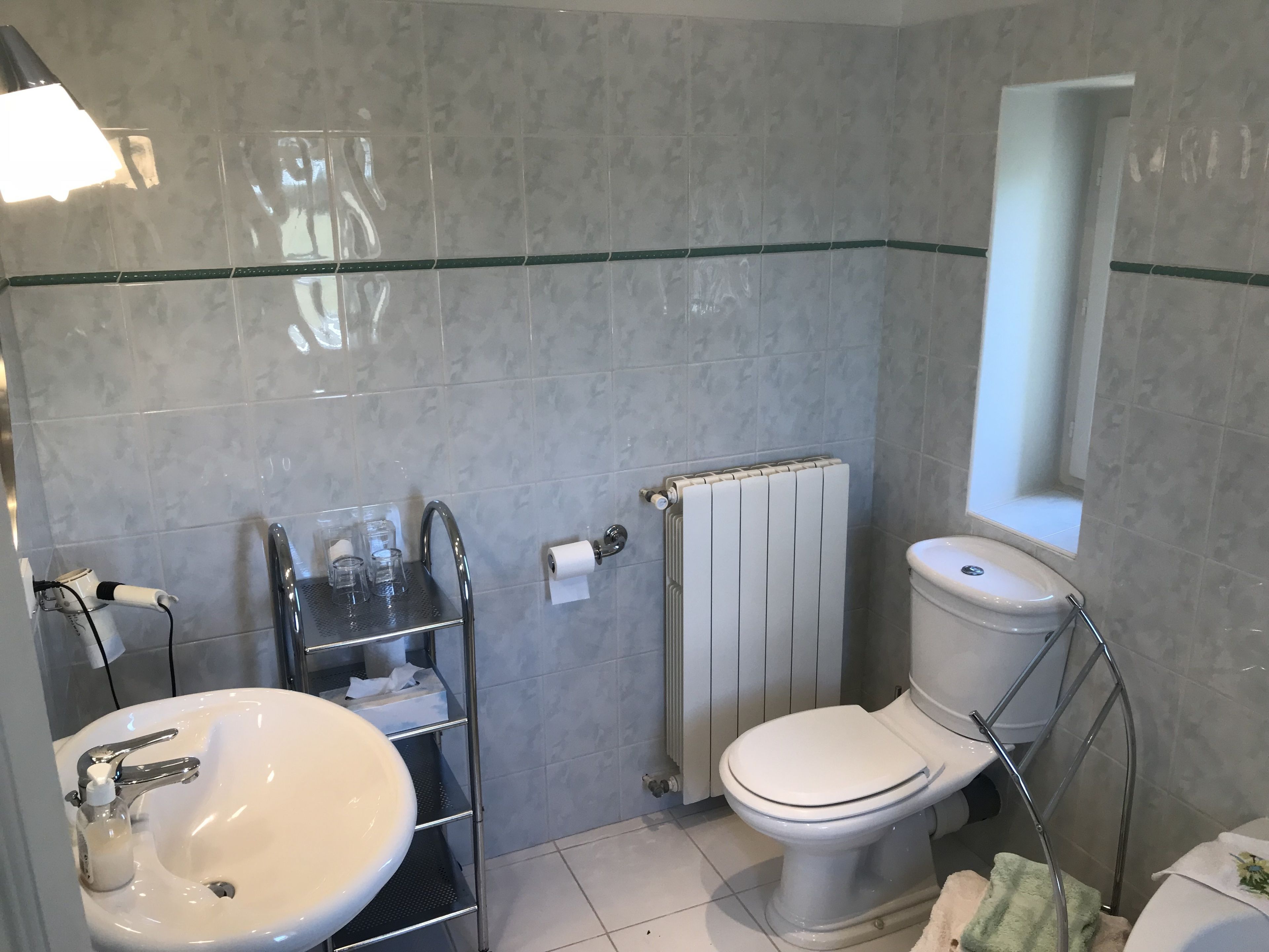 A bathroom with a white sink, a toilet, and a glass shower enclosure.