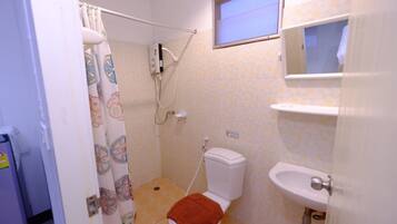 Une petite salle de bain avec une douche, des toilettes et un lavabo.
