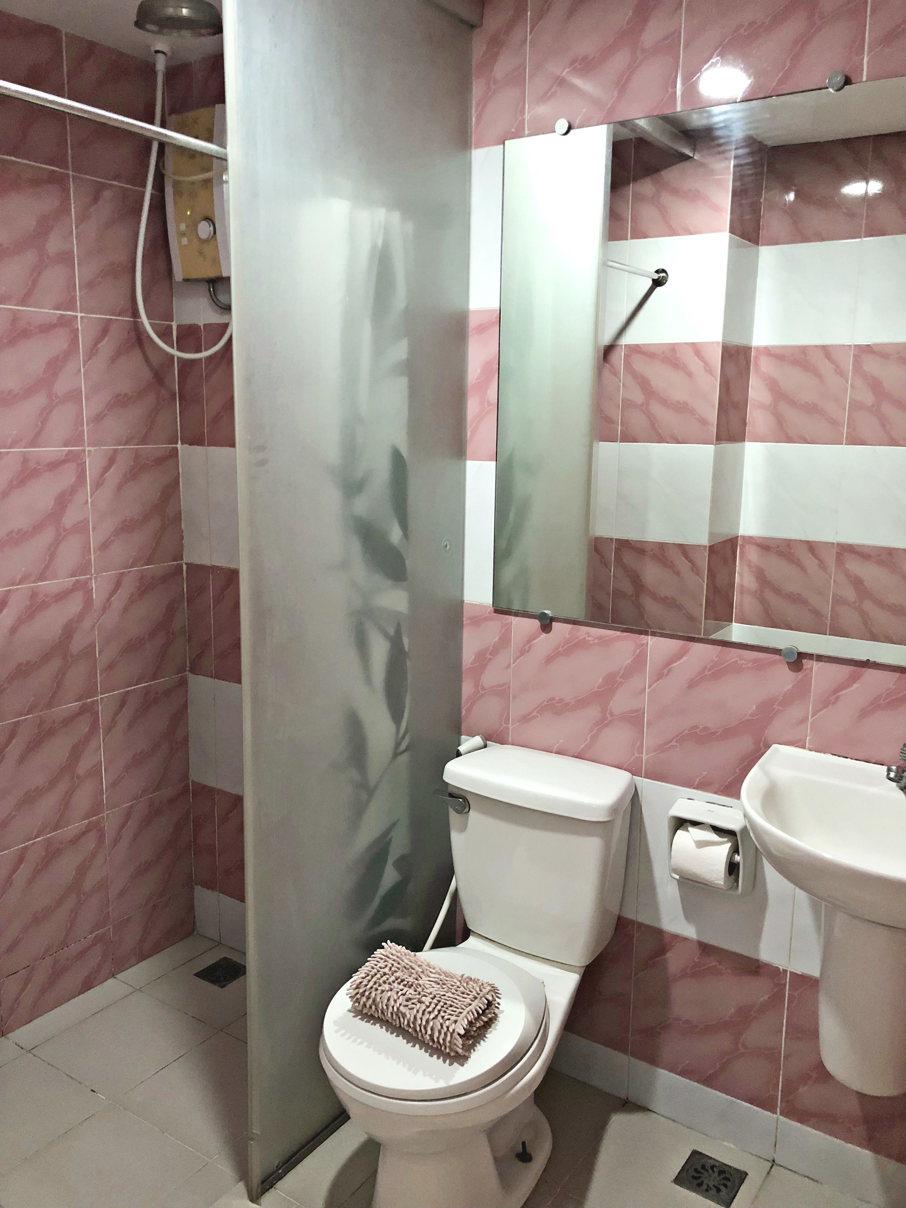 Une salle de bain équipée de toilettes, d’un lavabo et d’une douche.