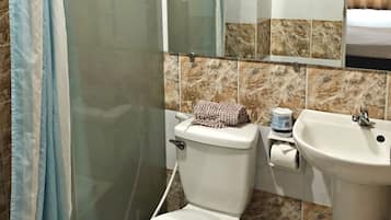 A bathroom with a toilet, a sink, a shower curtain, and a mirror.