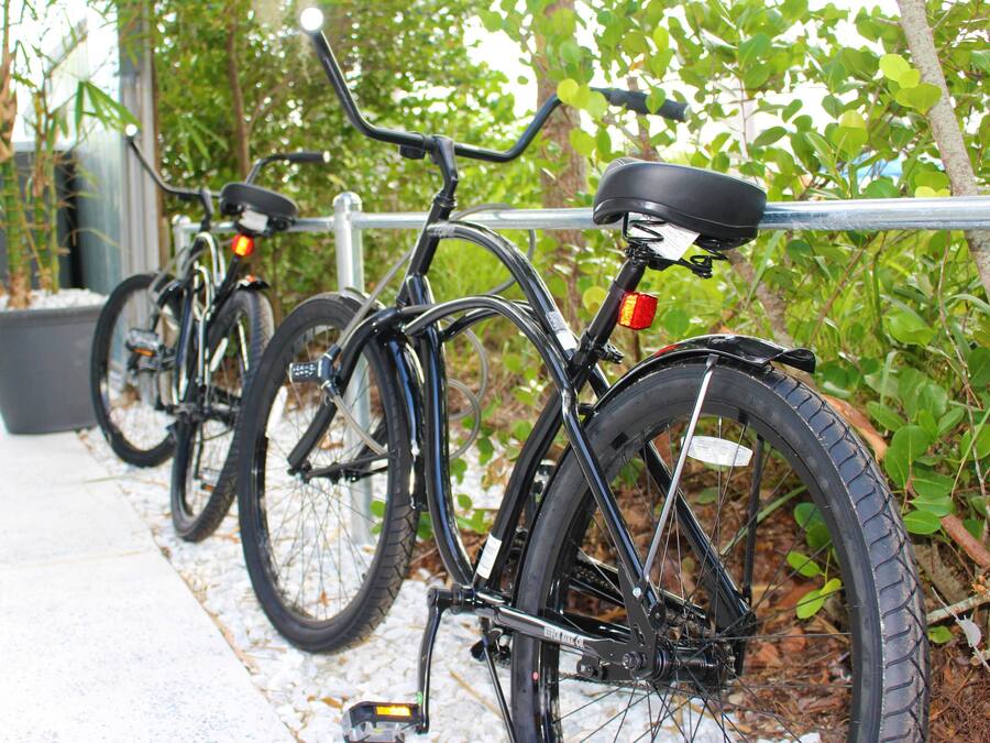 A row of bicycles parked against a metal railing, with a concrete path and greenery in the background.