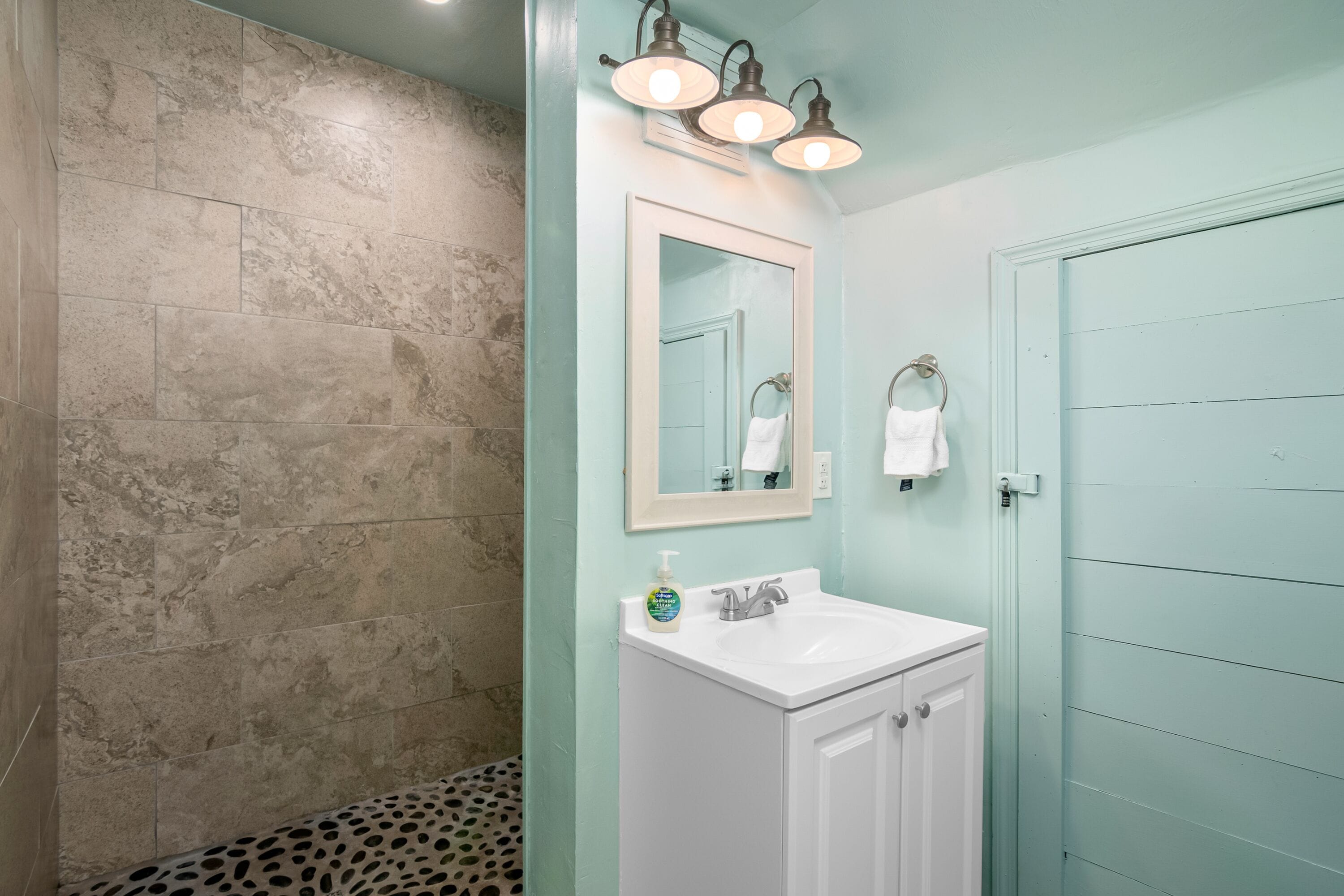 Une salle de bain avec un lavabo blanc, un miroir et un espace douche.