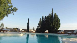 En swimmingpool med solstolar och höga träd i bakgrunden.