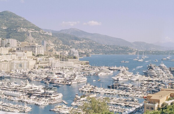 A marina filled with numerous yachts and boats, surrounded by a cityscape with buildings and hills in the background. - Beautiful villa with large swimming pool (Roquebrune-Sur-Argens)
