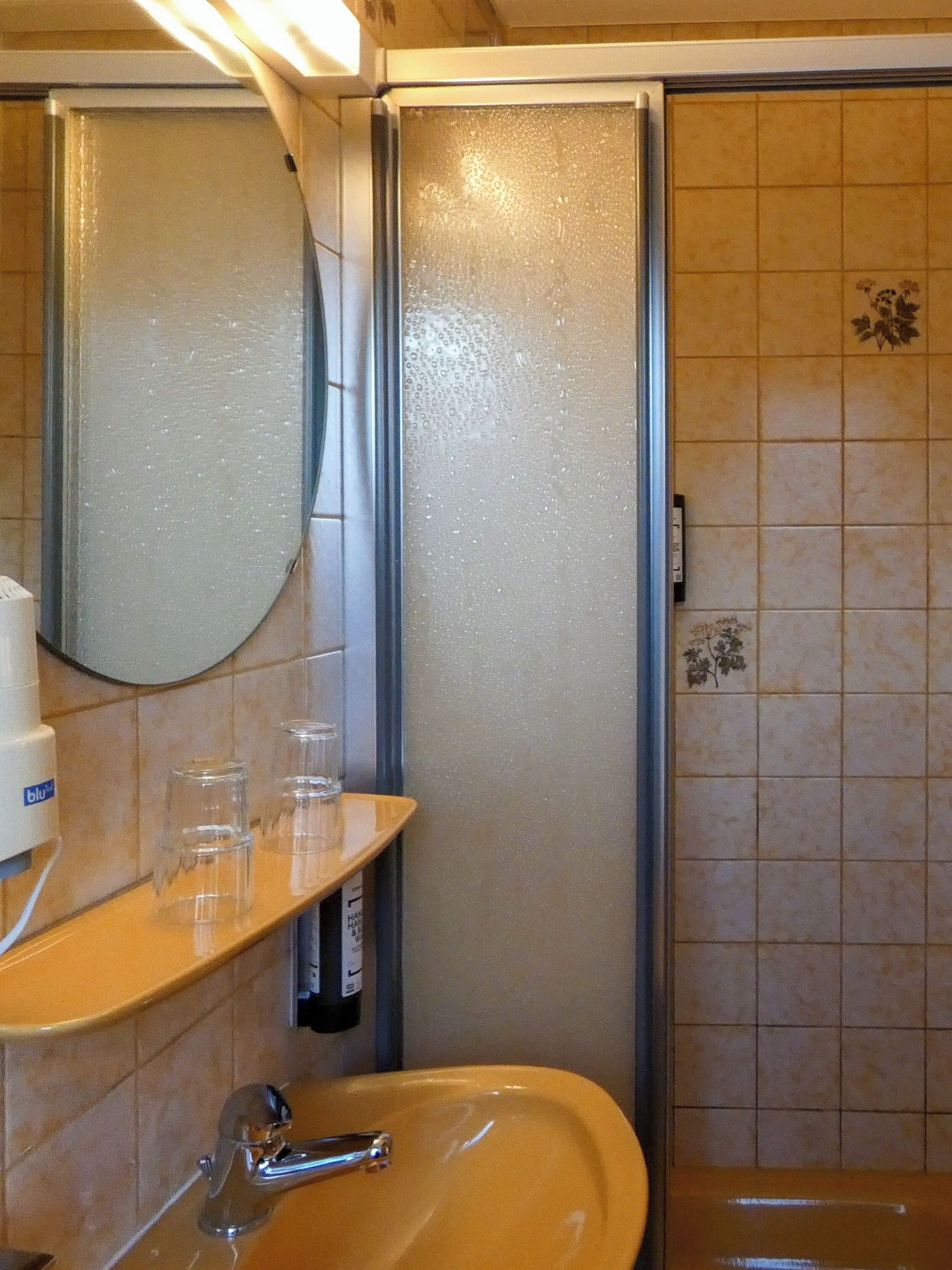 Een badkamer met een wastafel, spiegel en douche.