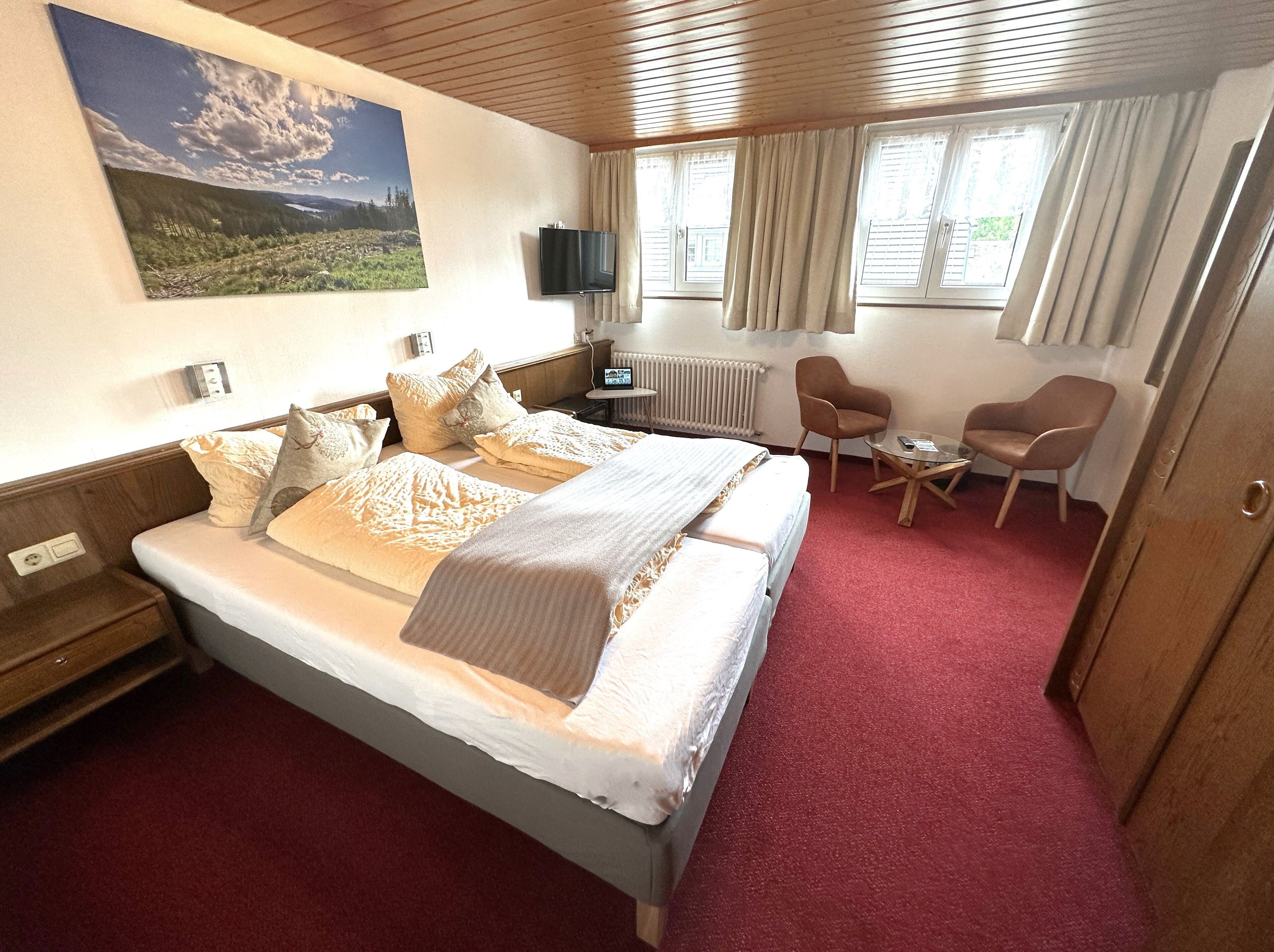 Een hotelkamer met een groot bed, een televisie, een bureau met een computer, twee stoelen en een raam met gordijnen.