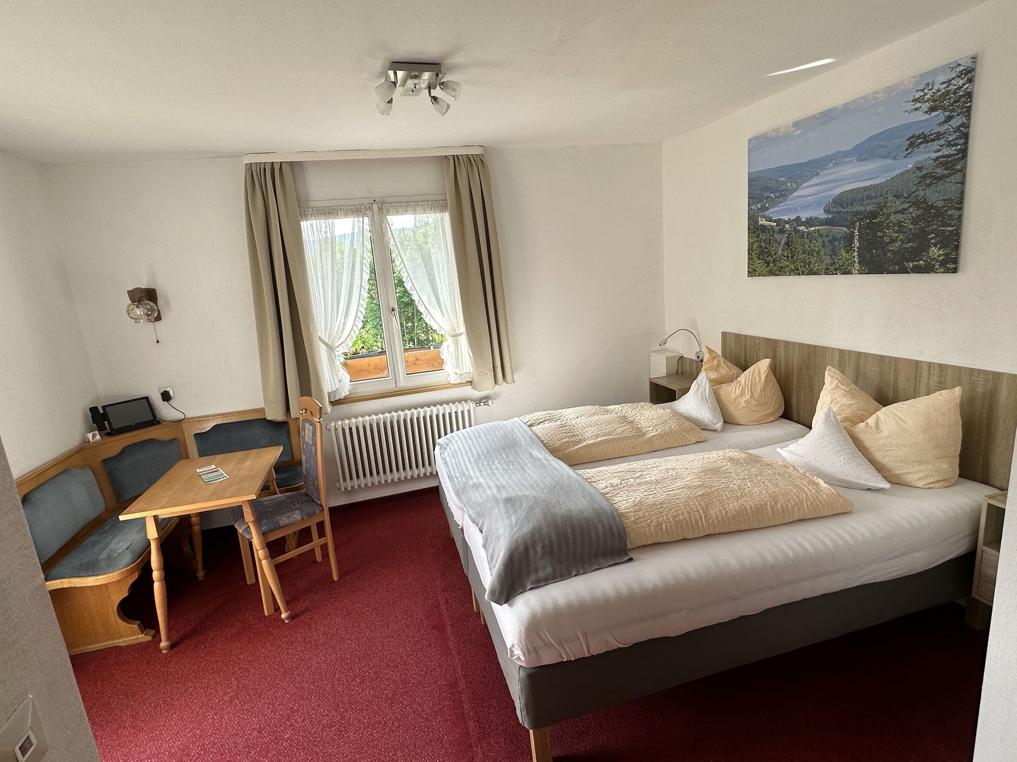 A hotel room with a bed, a desk with a chair, a radiator, and a window with curtains.