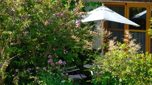 Ein Garten mit einem weißen Sonnenschirm, einer Bank und einem Haus mit gelben Türen.