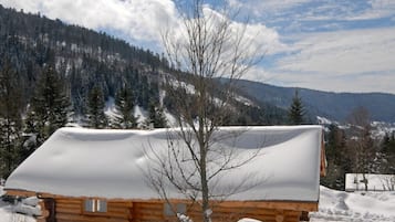 Una cabaña de troncos con techo nevado, rodeada por un paisaje nevado y una cadena montañosa boscosa.