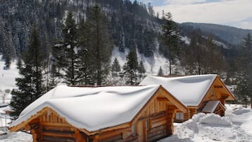 Una cabaña de madera cubierta de nieve, con techo nevado, rodeada por un paisaje invernal y una cadena montañosa boscosa.