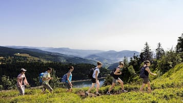 Un grupo de personas caminando por una ladera cubierta de hierba, con vistas panorámicas a montañas y un lago al fondo.