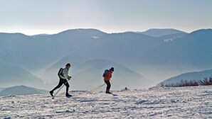 A snowy landscape with two hikers.