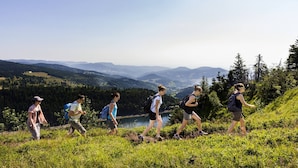 A group of hikers on a grassy hillside with a scenic view of mountains and a lake in the distance.