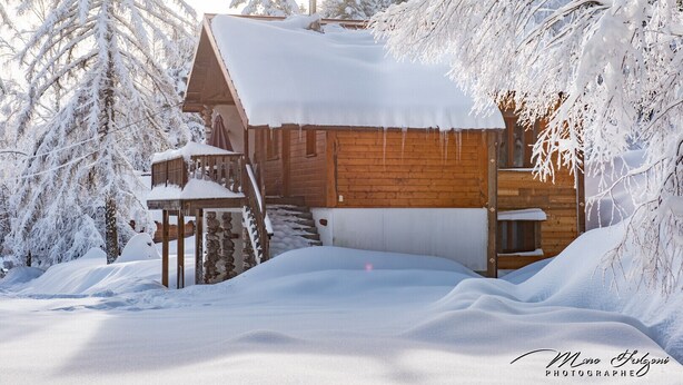 A wooden cabin with a snow-covered roof, surrounded by snow-laden trees.