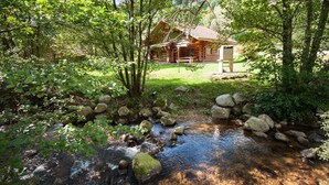 Un chalet rustique entouré d’une forêt luxuriante, avec un petit ruisseau bordé de rochers et une zone herbeuse.