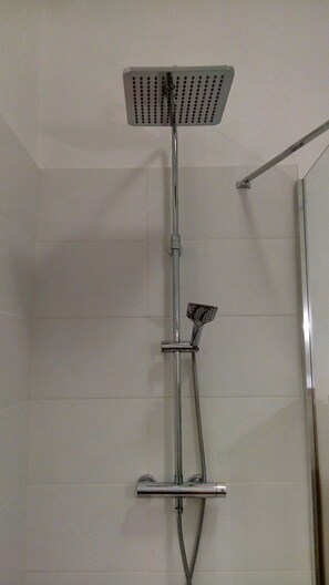 Shower, hair dryer, towels, toilet paper