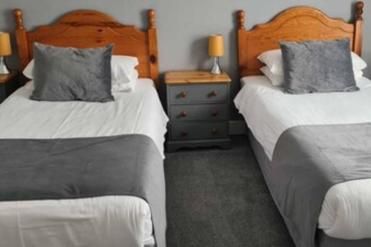 Two single beds with wooden headboards, grey bedding, and bedside tables with lamps.