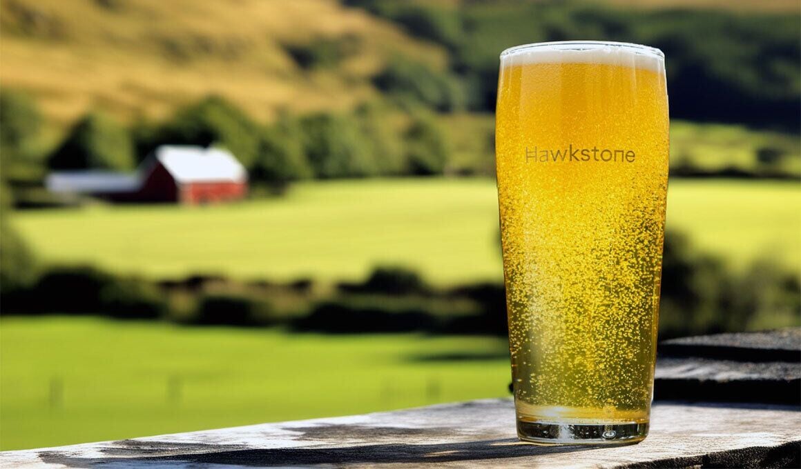 A glass of beer with a label "Hawkstone" on a wooden surface with a rural landscape in the background.