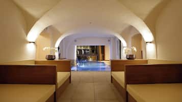 Indoor pool, outdoor pool, pool umbrellas, sun loungers
