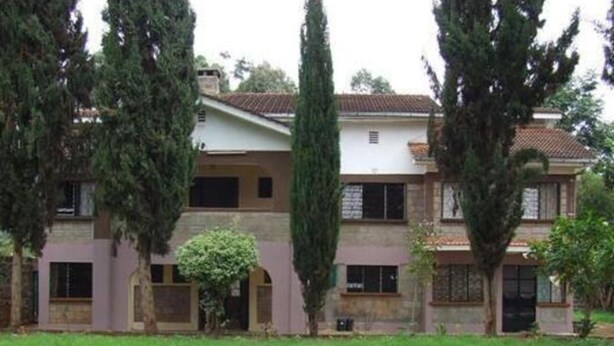 A two-story house with a front lawn, a small garden area, and a tall tree in the center.