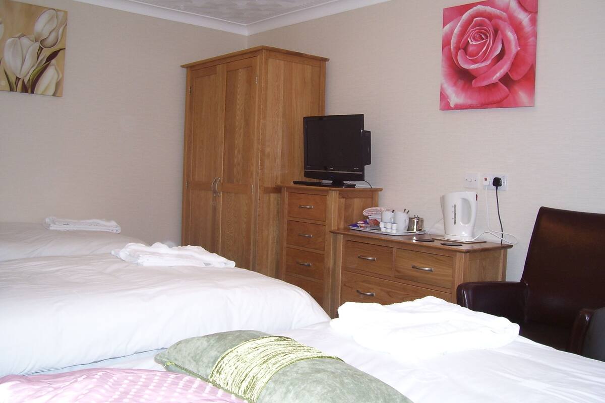 A hotel room with two beds, a wooden wardrobe, a television, a coffee maker, and a chair.