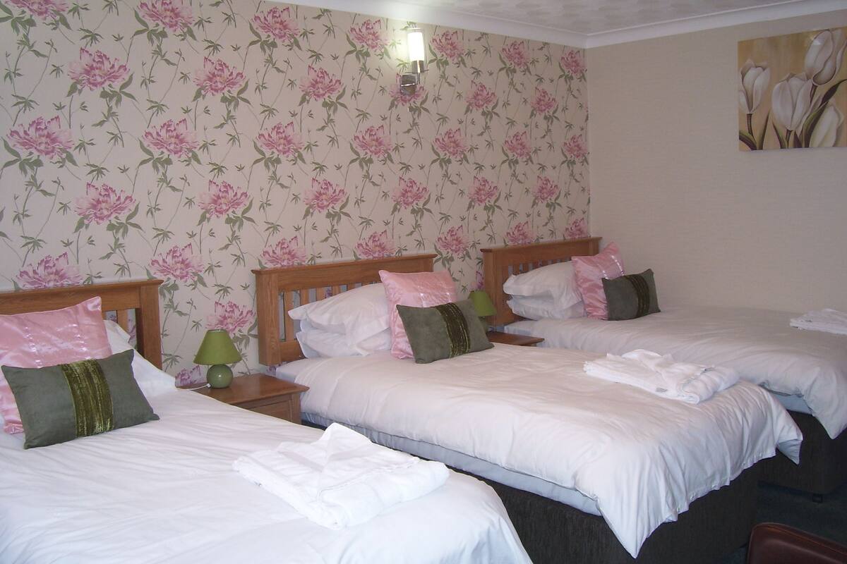 A hotel room with three single beds, each with white linens and green and pink pillows. There is a green lamp on the nightstand beside each bed.
