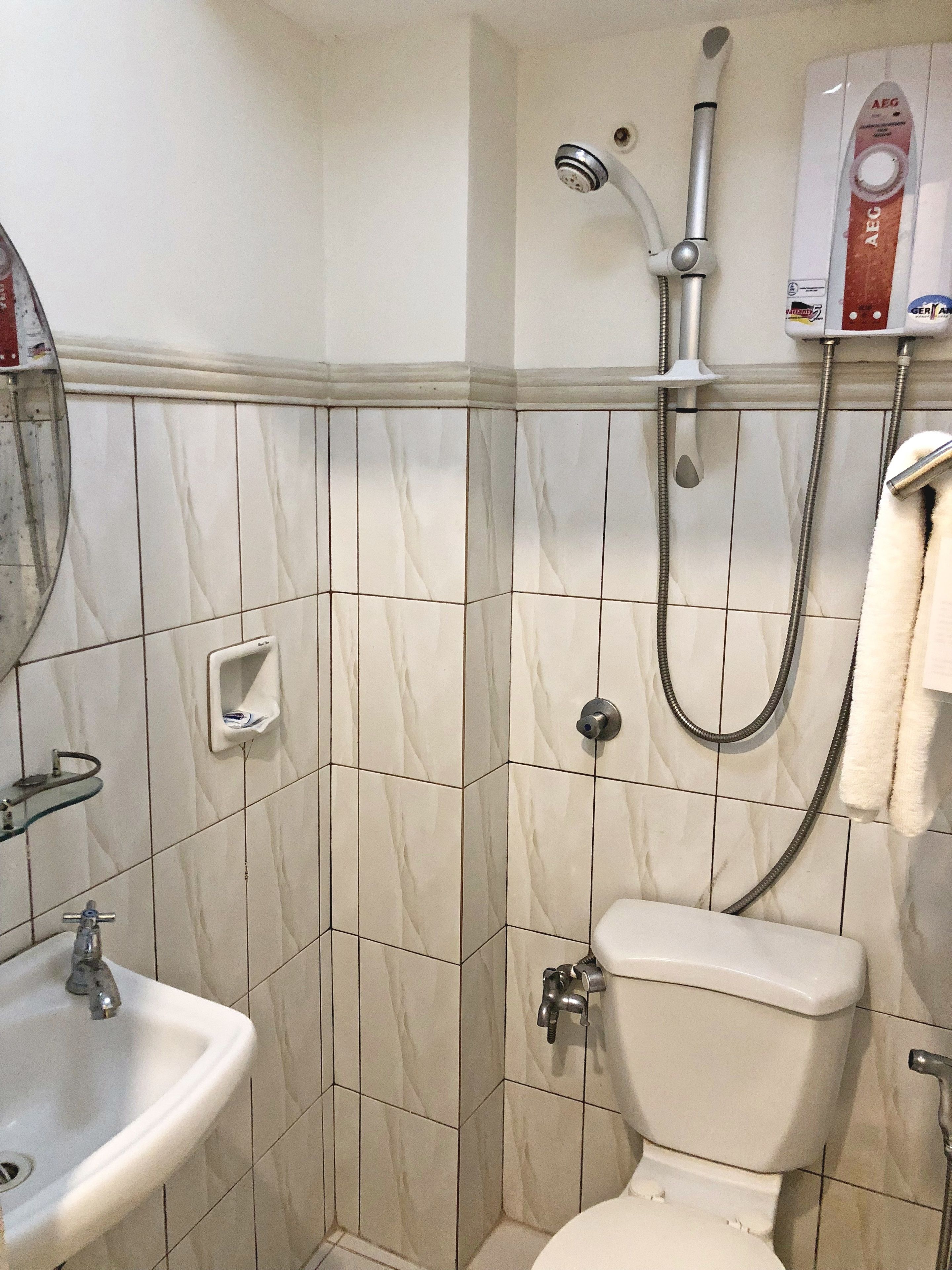 Une salle de bain avec des toilettes, un lavabo et une douche.