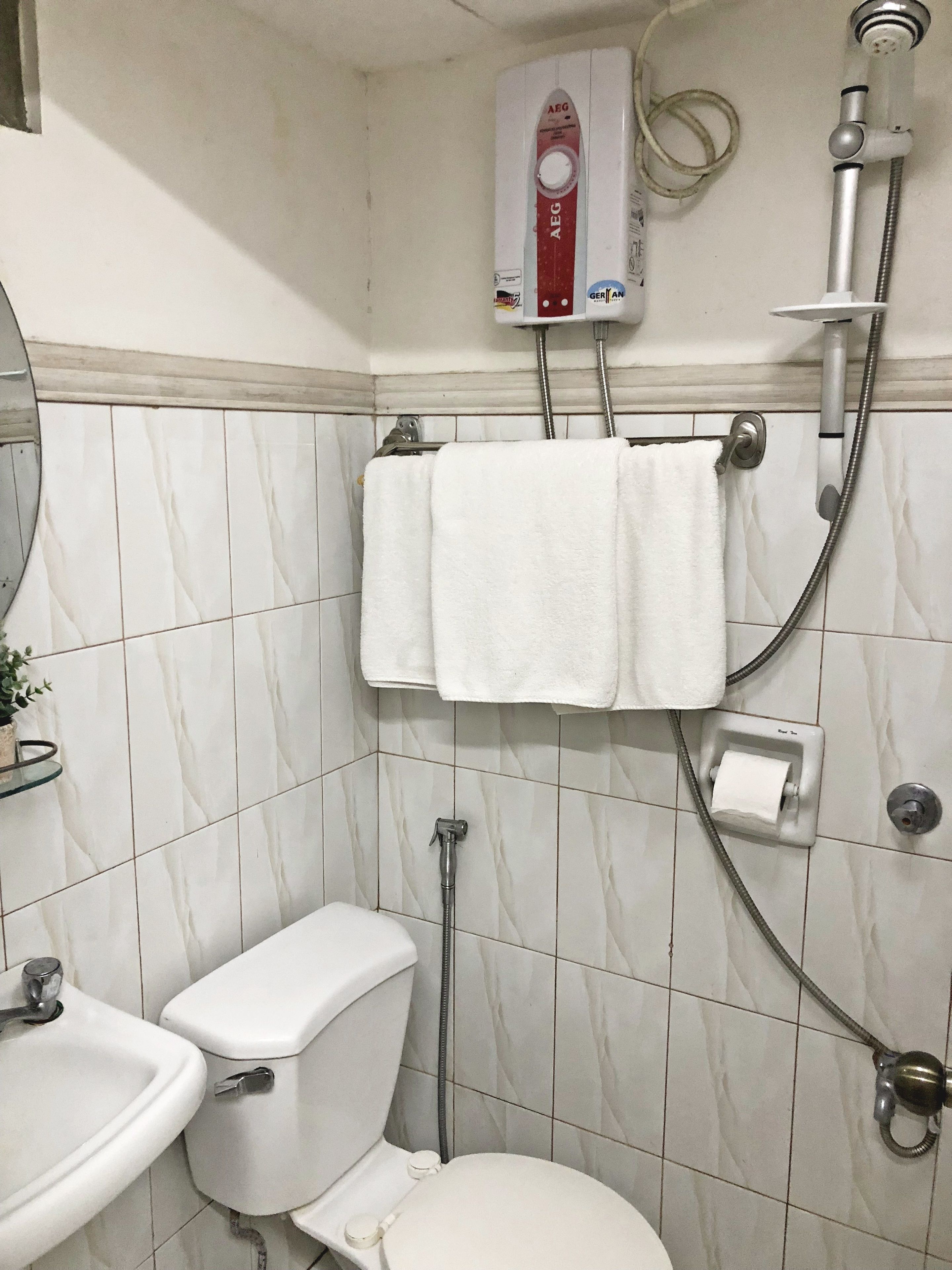 A bathroom with a toilet, bidet, and a shower unit.