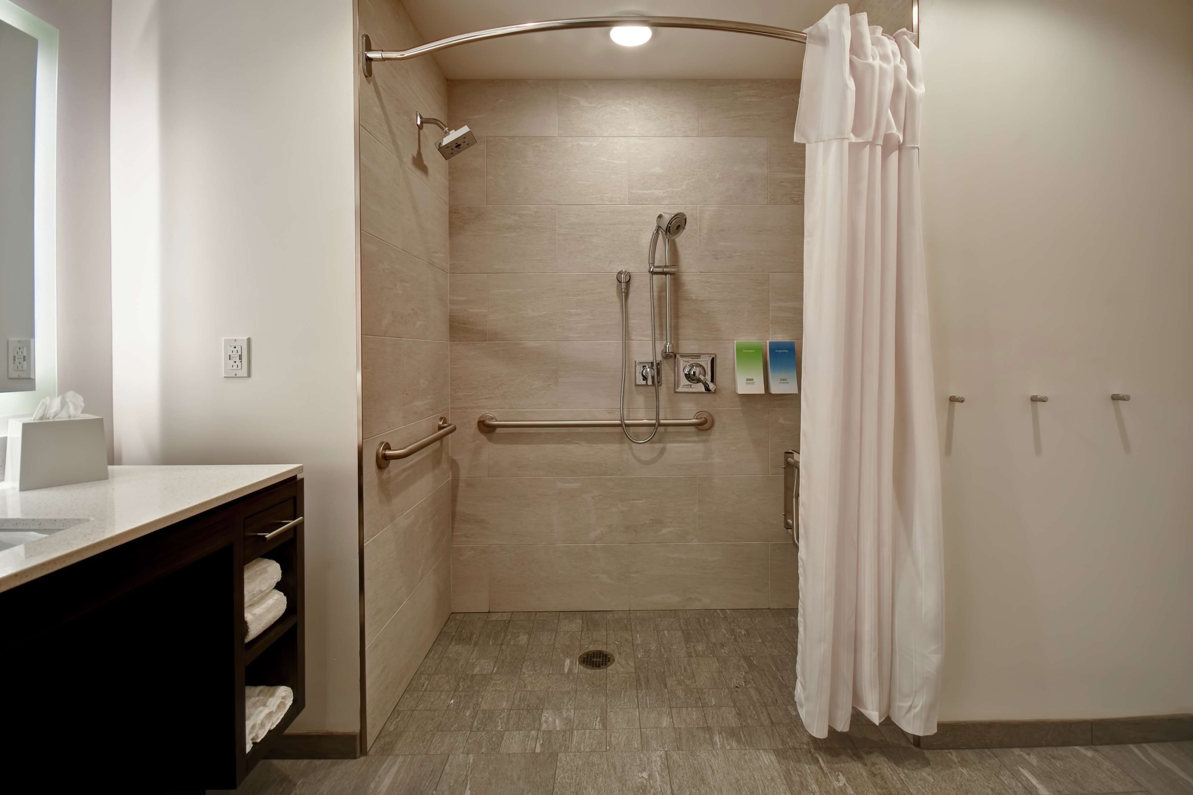 A modern bathroom with a shower, grab bars, a towel rack, and a sink with a mirror.