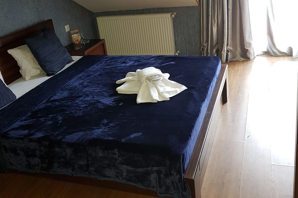 A bedroom with a bed, a nightstand, a radiator, and a window with curtains.