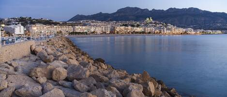 A coastal cityscape with a rocky shoreline, buildings, and a mountain in the background.