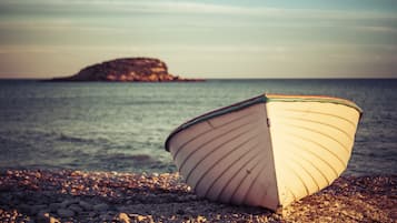 Guests can enjoy a serene beachside retreat with a rowboat available for use.