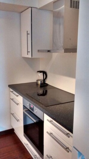 Fridge, microwave, coffee/tea maker, cookware/dishes/utensils
