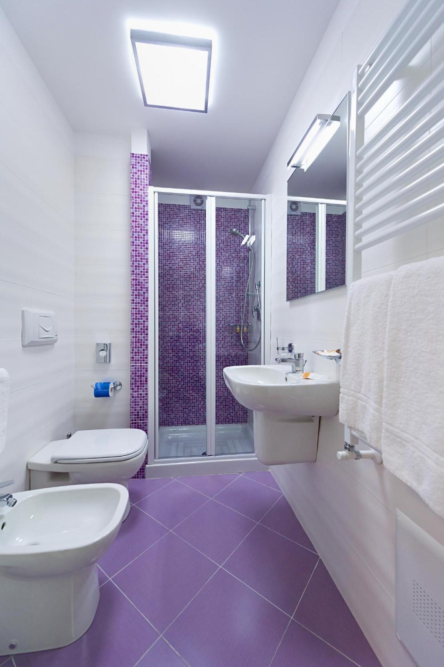 A bathroom with a shower, toilet, bidet, and sink.
