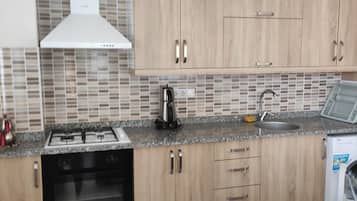 Full-sized fridge, oven, stovetop, dishwasher