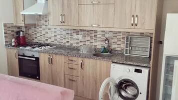 Full-sized fridge, oven, stovetop, dishwasher